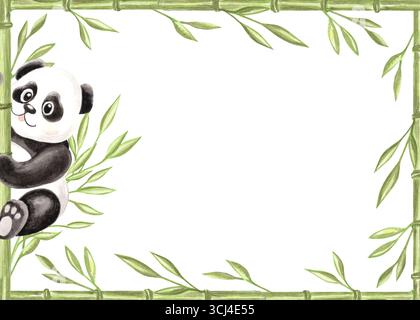 Niedlicher Baby-Panda mit grünem Bambus-Aquarell-Postkartenschablone. Rahmen mit Kopierraum mit schwarz-weißem Bären für Kinder. Isoliert von Hand gezogen Stockfoto