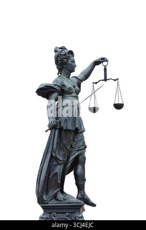 Eine isolierte Statue der Richterin, die auf Frankfurts Hauptplatz Römer steht. Stockfoto