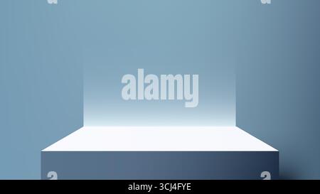 Sauberes, modernes Podium-Display mit dunkelblauem Würfel mit weichem Licht auf hellblauem Hintergrund, ideal für Produktmockup, Branding-Präsentation, re Stock Vektor