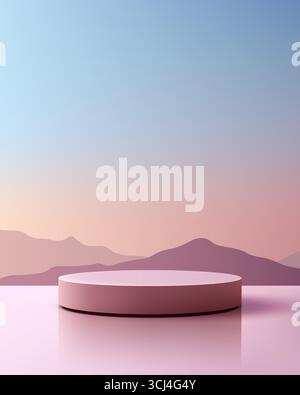 Das Podium in sanftem Pink steht auf einer reflektierenden Oberfläche mit mehrschichtigen Bergen in lila und rosa unter einem sanften blauen und orangen Himmel, die ein traumhaftes A erzeugen Stock Vektor