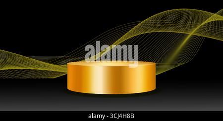 Goldenes Podium auf schwarzem Hintergrund mit gelben Wellen. Kann zur Produktanzeige verwendet werden. Realistische Vektordarstellung. Stock Vektor