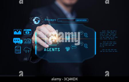 KI-Assistent-Agent-Bildschirm mit holografischer Oberfläche, der generative KI, Produktivität, Automatisierung und intelligente Technologie darstellt, die menschliche c Stockfoto