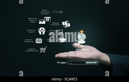 Virtueller KI-Assistent in menschlicher Hand mit digitaler Schnittstelle, der intelligente Technologie, Automatisierung und personalisierte KI-Lösungen symbolisiert, die auf Verbesserungen ausgelegt sind Stockfoto