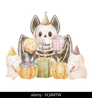 Halloween-Urlaub mit Aquarellen. Fledermausskelett, Geister, Kürbisse im Partyhut, Geschenke, Ballons sind handgezeichnet. Abbildung isoliert vom Hintergrund für Stockfoto