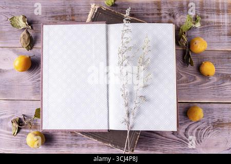 Öffnen Sie das Buch Wermutzweig auf hölzernem Hintergrund Stockfoto