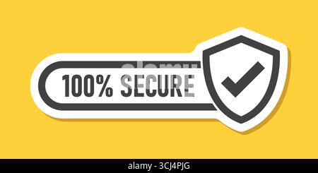 100 % sicherer Aufkleber im flachen Stil. Vektorillustration der Datenschutzgarantie auf isoliertem Hintergrund. Geschäftskonzept für Sicherheitsrisikozeichen. Stock Vektor