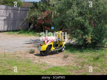 Gelber Vespa-Roller mit Strandtuch auf dem Sattel, parkt in einem Hinterhof, Italien Stockfoto