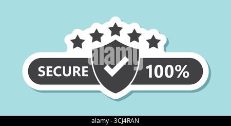 100 % sicherer Aufkleber im flachen Stil. Vektorillustration der Datenschutzgarantie auf isoliertem Hintergrund. Geschäftskonzept für Sicherheitsrisikozeichen. Stock Vektor