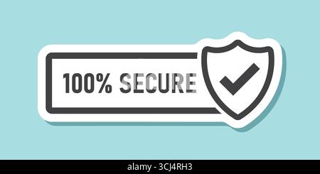 100 % sicherer Aufkleber im flachen Stil. Vektorillustration der Datenschutzgarantie auf isoliertem Hintergrund. Geschäftskonzept für Sicherheitsrisikozeichen. Stock Vektor
