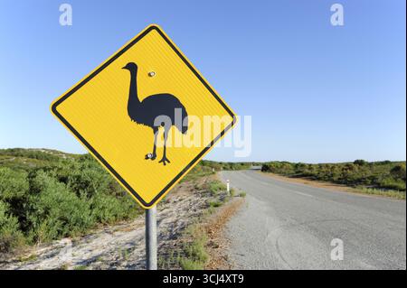 Straße mit emu-Warnschild in der Nähe von Cervantes, Perth, Western Australia, WA, Australien Stockfoto