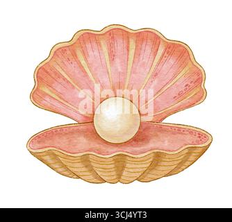 Offene Muschel mit Perlen, die in Aquarell und Farbstift von Hand gezeichnet sind. Marine Illustration mit rosa und beige. Ideal für Sommermotive mit Print und Karte Stockfoto