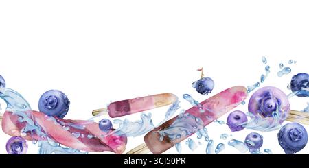 Obst- und Beereneis-Lolly mit Blaubeeren in Wasserwellen, Tropfenspritzern. Isolierter nahtloser Bannerrand, handgezeichnet in Aquarell. Eingefroren Stockfoto