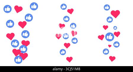 Fliegende Herzen kritzeln Symbole Vektor Set mit Social Media Reaktion wie Liebe Emoji Kommentar Hintergrund bunte Internet Blase Post Konfetti Feier Stock Vektor