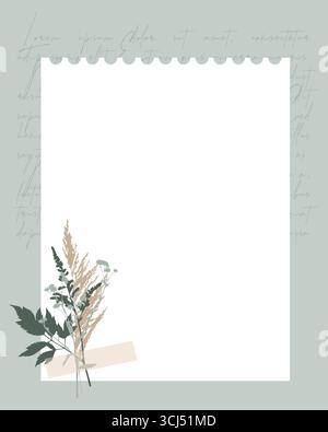 Vintage-Vorlagen-Erinnerungen, Scrapbooking mit pflanzlichen Herbariumelementen. Notizen, Notizblatt, Aufgabenliste. Vektorabbildung Stock Vektor