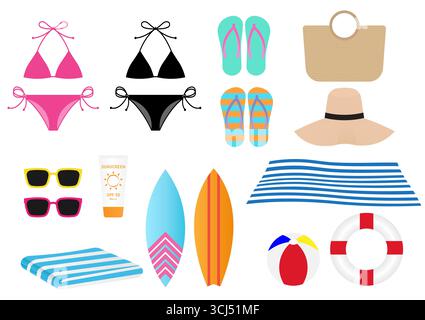 Sommer Artikel Zubehör für den Urlaub. Vektorillustration isoliert auf weißem Hintergrund. Stock Vektor