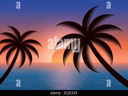 Sommerhintergrund bei Sonnenuntergang mit Palmblättern. Vektorabbildung. Stock Vektor