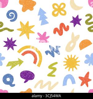Verspieltes nahtloses Muster mit bunten abstrakten Formen, Sternen, Regenbögen und Squiggles auf weißem Hintergrund, ideal für kreative Projekte und Hintergründe, isoliert auf weißem Hintergrund Vektorillustration Stock Vektor
