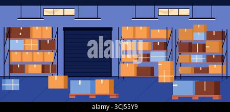 Organisierte Lagerinnenräume mit Regalen, die mit Kartons, Paketen und Paletten gefüllt sind, ideal für Logistik, Versand, und Speicherkonzepte Vektorillustration Stock Vektor