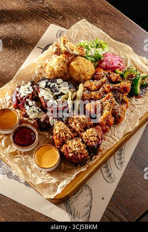 Set mit Fleisch und Hähnchenflügeln, Soße und Gemüse Stockfoto