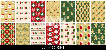 Set aus nahtlosem Weihnachtshintergrund. Weihnachtsmuster mit einfachen geometrischen Formen. Stock Vektor