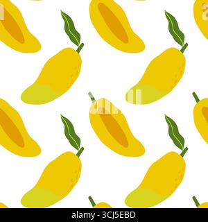 Bunte Mangos mit leuchtenden Gelbtönen sind auf einem weißen Hintergrund verstreut und veranschaulichen ein lebendiges und frisches tropisches Fruchtmuster, das perfekt geeignet ist Stock Vektor