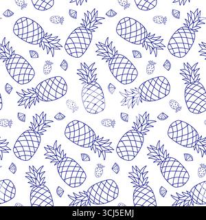 Dieses lebhafte Design zeigt ein verspieltes Arrangement aus Ananas und Zitrusscheiben. Die blauen Umrisse sorgen für eine fröhliche und frische Ästhetik Stock Vektor