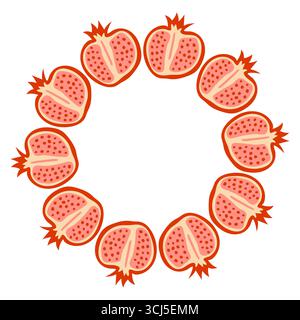 Granatäpfel sind kreisförmig auf weißem Hintergrund angeordnet, um ihre saftigen Samen und ihre hellrote Farbe hervorzuheben. Dieses Design Stock Vektor