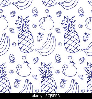 Ein helles und verspieltes Muster zeigt verschiedene Früchte, darunter Ananas, Bananen, Granatäpfel und Erdbeeren, die vor einem sauberen weißen Hintergrund stehen Stock Vektor