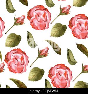 Aquarellmuster mit Rosenblüten, Knospen und Blättern. Geeignet für Textilien, Drucke und Hintergründe. Stockfoto