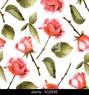Muster mit Zweigen von Rosen und Blättern. Nahtloses Aquarellmuster für Textilien, Drucke und Verpackungen Stockfoto