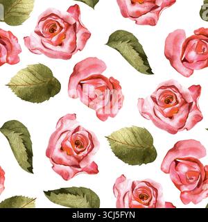 Geöffnete Rosenknospen mit Blättern. Nahtloses Aquarellmuster für Textilien, Drucke und Verpackungen Stockfoto