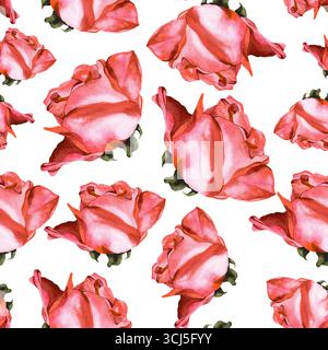 Rosenknospen mit Blättern. Nahtloses Aquarellmuster für Textilien, Drucke und Verpackungen Stockfoto