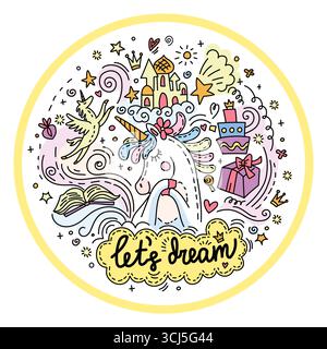 Süße Einhörner mit seinen Träumen. Humor und Schriftzug im Doodle-Stil. Handgezeichnete farbige Vektor-isolierte Illustration. Für Aufkleber, Design cu Stock Vektor