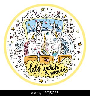 Lustige Einhörner, die sich einen Film ansehen. Humor und Schriftzug im Doodle-Stil. Handgezeichnete farbige Vektor-isolierte Illustration. Für Aufkleber, Design Stock Vektor