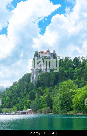 Bled, Slowenien – 22. Juni 2024: Schloss Bled auf einer hohen felsigen Klippe über See und Wald, beliebtes slowenisches Touristenziel Stockfoto