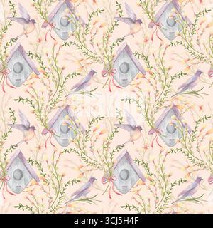 Handgemaltes nahtloses Blumenmuster mit Schwalben und Vogelhäuschen für Frühling und Sommer. Rosafarbenes Aquarellmuster mit abstrakten Blumen und Vögeln Stockfoto