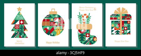 Frohe Weihnachten und frohes neues Jahr. Set mit Grußkarten, Bannern, Postern, Feiertagshintergründen. Abstraktes geometrisches Weihnachtsmosaik mit Stock Vektor