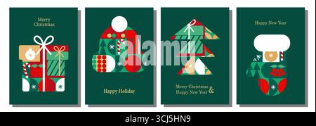 Frohe Weihnachten und frohes neues Jahr. Set mit Grußkarten, Bannern, Postern, Feiertagshintergründen. Abstraktes geometrisches Weihnachtsmosaik mit Stock Vektor