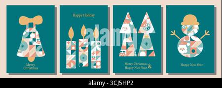 Frohe Weihnachten und frohes neues Jahr. Set mit Grußkarten, Bannern, Postern, Feiertagshintergründen. Abstraktes geometrisches Weihnachtsmosaik mit Stock Vektor