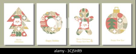 Frohe Weihnachten und frohes neues Jahr. Set mit Grußkarten, Bannern, Postern, Feiertagshintergründen. Abstraktes geometrisches Weihnachtsmosaik mit Stock Vektor
