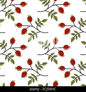 Zarte Hagebuttenzweige mit leuchtenden roten Beeren ruhen auf einem sauberen weißen Hintergrund und bilden ein lebendiges und elegantes Muster, das sich ideal für Texti eignet Stock Vektor