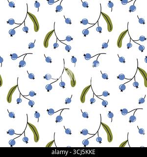 Ein lebhaftes Muster zeigt Gruppen von blauen Beeren und grünen Blättern vor einem sauberen weißen Hintergrund. Stock Vektor