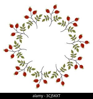 Das kreisförmige Arrangement mit leuchtenden roten Beeren und saftig grünen Blättern ist perfekt für saisonale Dekorationen oder Bastelprojekte. Die Konstruktion erzeugt einen Stock Vektor