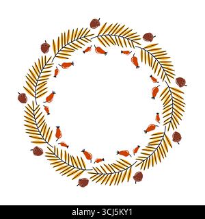Ein kreisförmiges Design zeigt stilisierte Vögel und Tannenzweige, die in einem symmetrischen Muster angeordnet sind. Die Vögel sind in warmen Farben gehalten, während das Laub sich vorzieht Stock Vektor