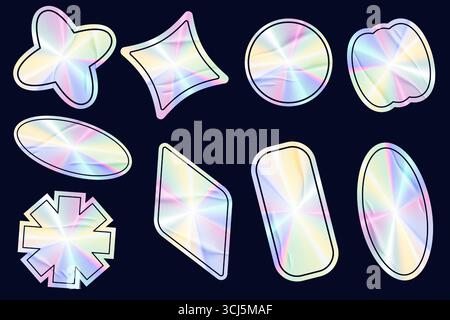 Holografische silberne Aufkleber. Verlaufsfolienetiketten mit geometrischen Formen. Vektor-Metallstempel mit Neon-irisierender Textur. Regenbogenband für Stock Vektor
