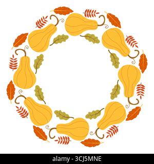 Ein wunderschönes kreisförmiges Arrangement aus Kürbis und Herbstblättern zeigt die leuchtenden Farben des Herbstes. Diese festliche Dekoration ist perfekt für die Saison Stock Vektor