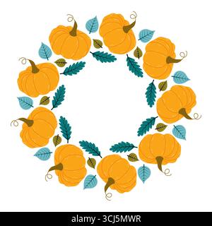 Ein kreisförmiges Arrangement zeigt leuchtende orangefarbene Kürbisse, umgeben von üppig grünen und blauen Blättern, die die Schönheit des Herbstes und den festlichen Geist hervorheben Stock Vektor