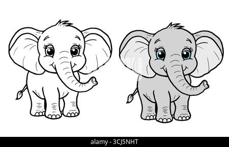 Lustiger Elefant mit großen Ohren, Kofferraum und niedlichen Augen, schlichtes Schwarz-weiß und Farbskizze. Vektorabbildung. Konzept eines Malbuchs für c Stock Vektor