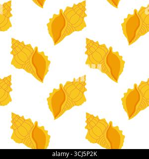 Dekorative gelbe Muscheln werden in einem sich wiederholenden Muster vor einem scharf weißen Hintergrund angezeigt, was ein Gefühl von Strand und Sommer weckt. Die hellen Farben Stock Vektor