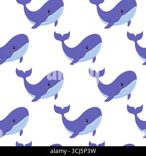 Ein verspieltes Design zeigt mehrere Zeichentrickwale in violetten und blauen Tönen vor weißem Hintergrund, die ihre fröhlichen Ausdrucksformen zeigen Stock Vektor